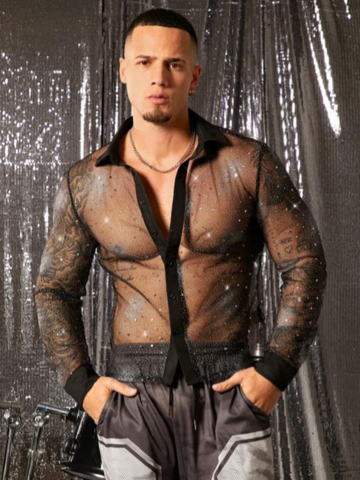Uptown Funky Men Loose Mesh Collar Long Sleeve Shirt